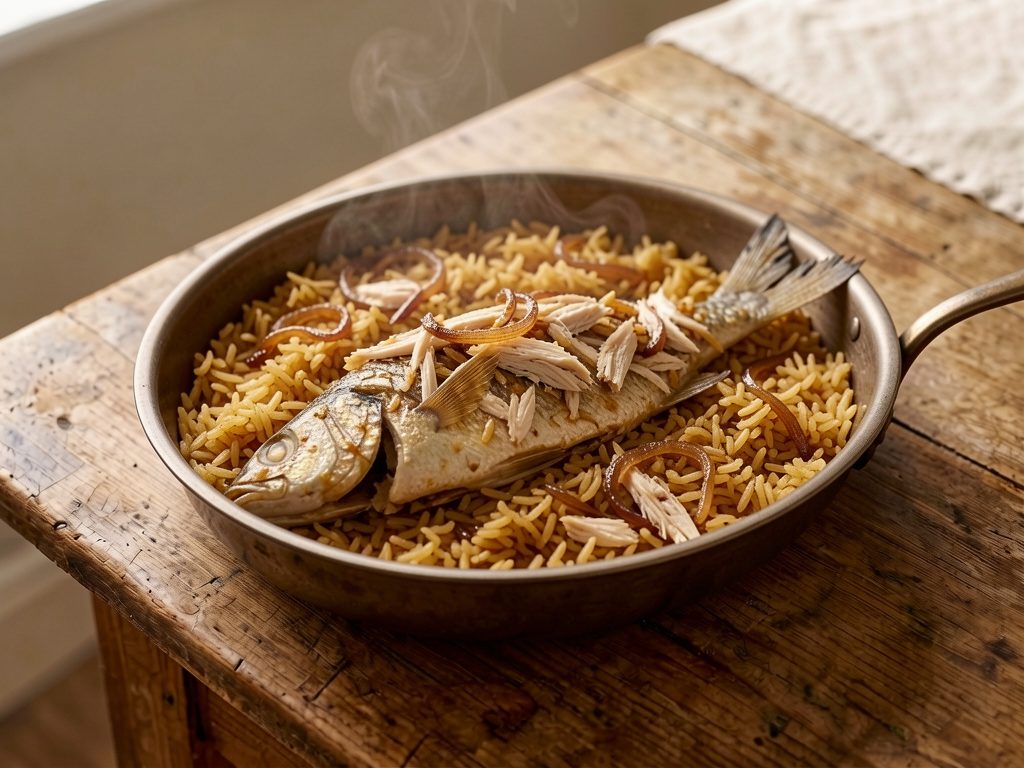 سمك مسلوق سيادية مع أرز بصل بني