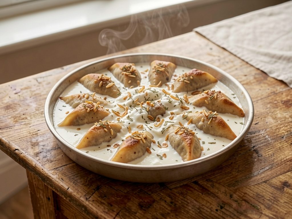 شيش برك (عجينة محشوة باللحم في لبن بالثوم)