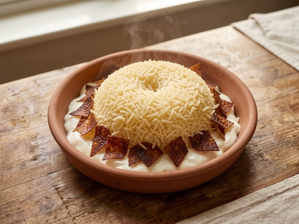 أرز فارسي مطهو بالبخار مع قشرة الزبادي (چلو ته‌دیگ)